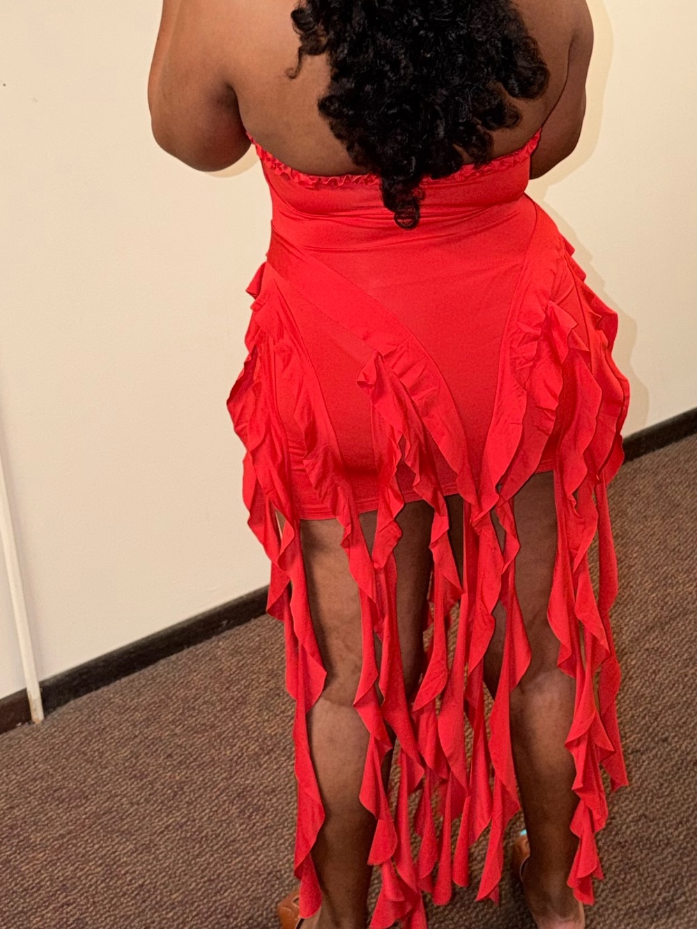 Red Strapless Ruffle Fringe Midi Dress - Picture 2 of 2